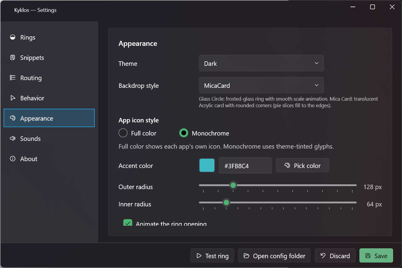 Kyklos Settings, Appearance tab with theme, backdrop, accent colour, and ring radius sliders.