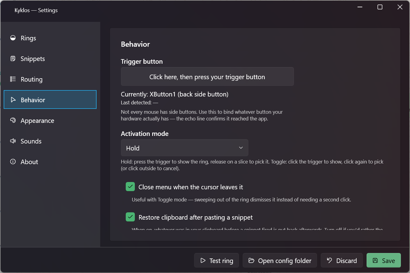 Kyklos Settings, Behavior tab with trigger button picker, activation mode dropdown, and behavior checkboxes.