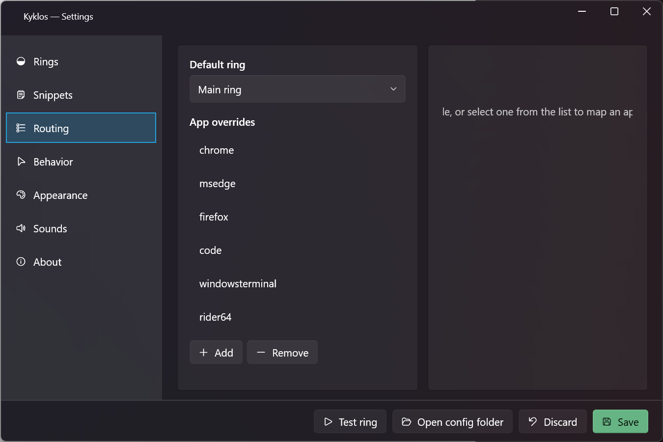 Kyklos Settings, Routing tab. List of app overrides mapping browsers, editors, and games to dedicated rings.