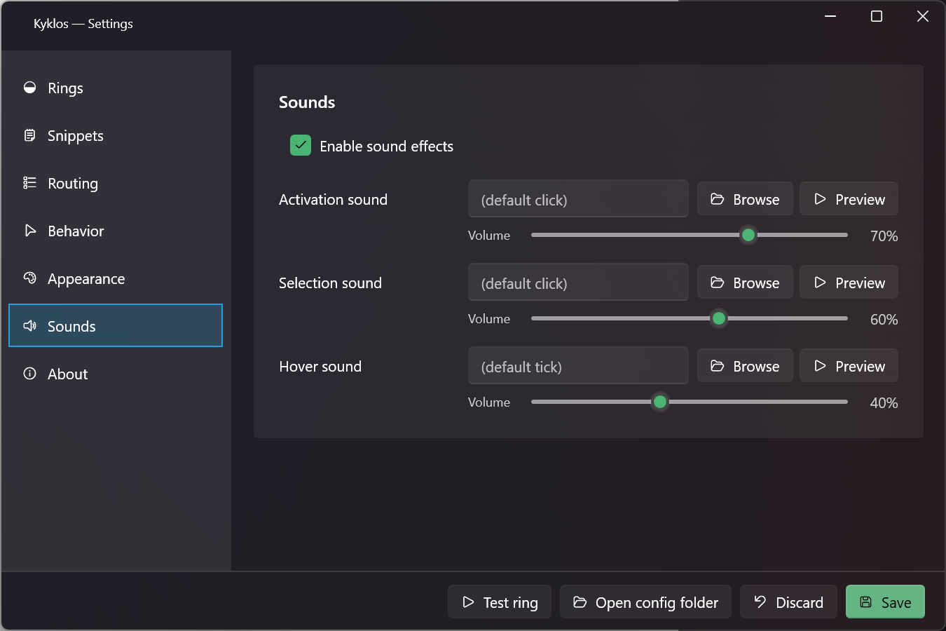 Kyklos Settings, Sounds tab with three channels (activation, hover, selection), each with volume and browse controls.