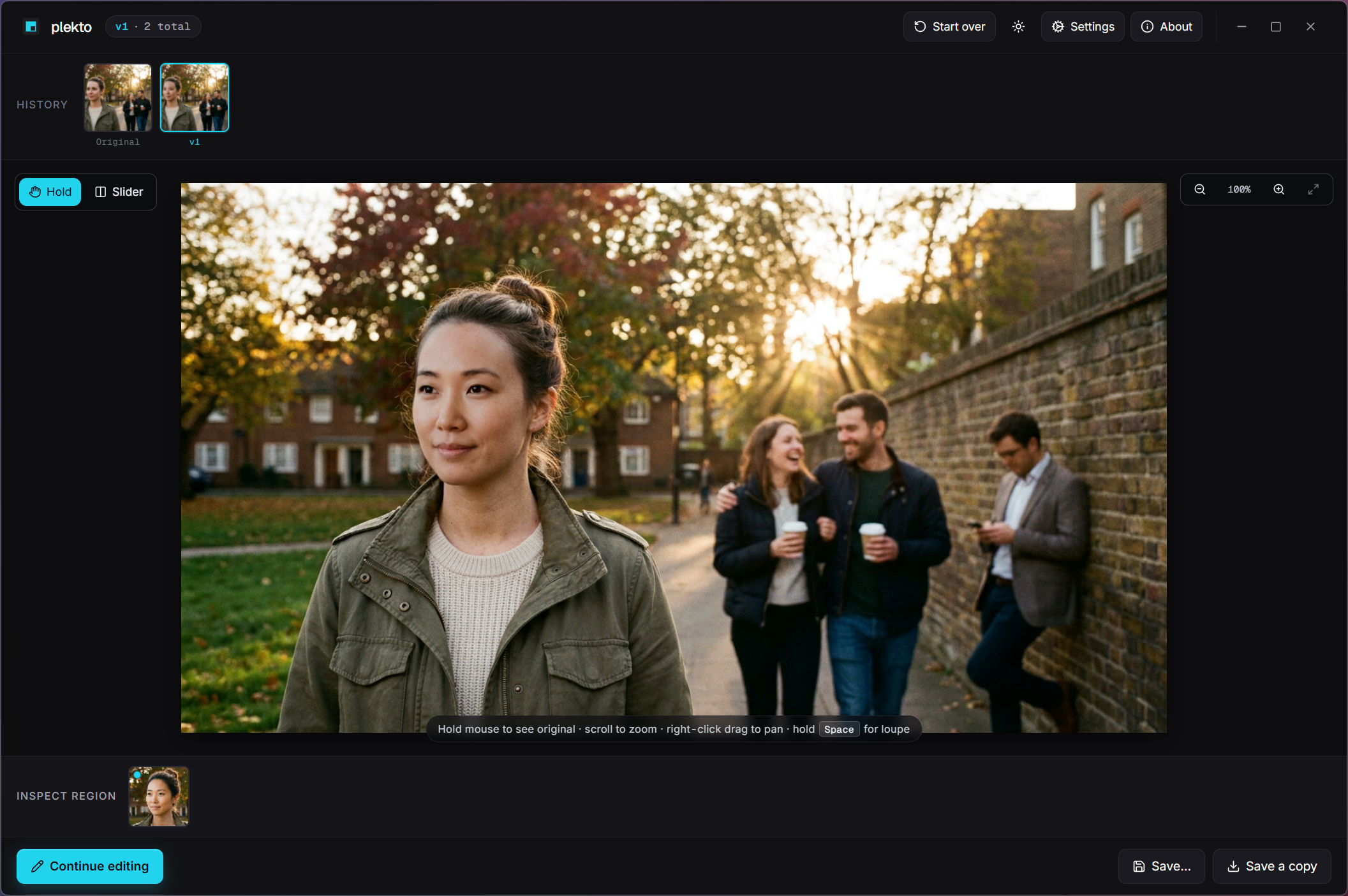 Plekto's iteration UI showing multiple refinement passes on a single still with a compare view.