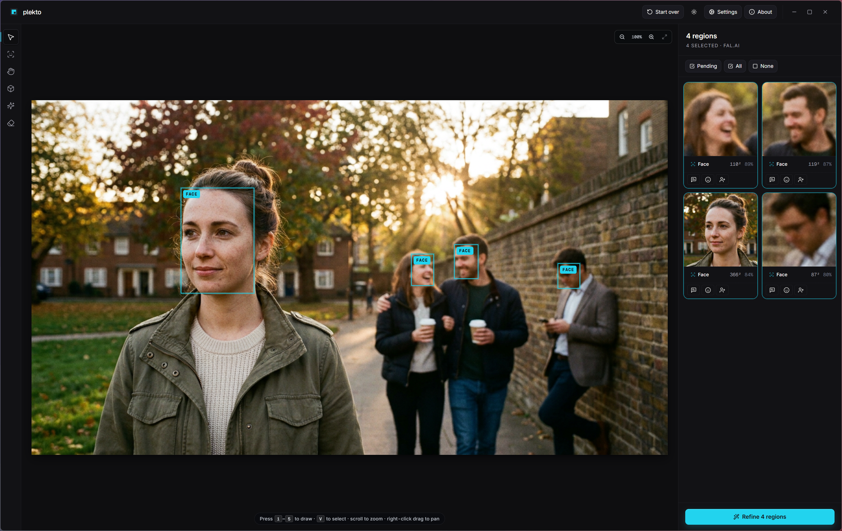 Plekto app in dark mode with four faces auto-detected on a sunset street portrait, cyan FACE labels on the canvas and right-panel thumbnails listing the detected regions.