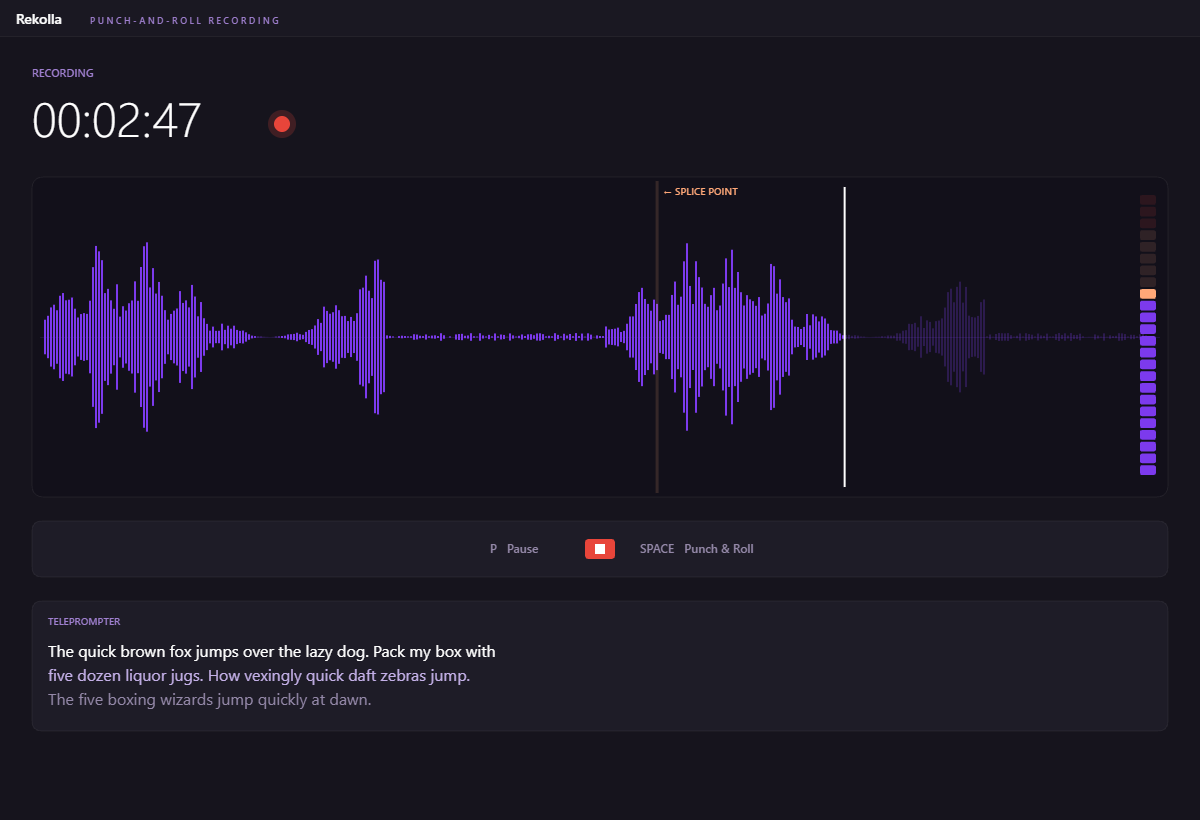 Rekolla recording view with live waveform and the spacebar retake indicator visible.